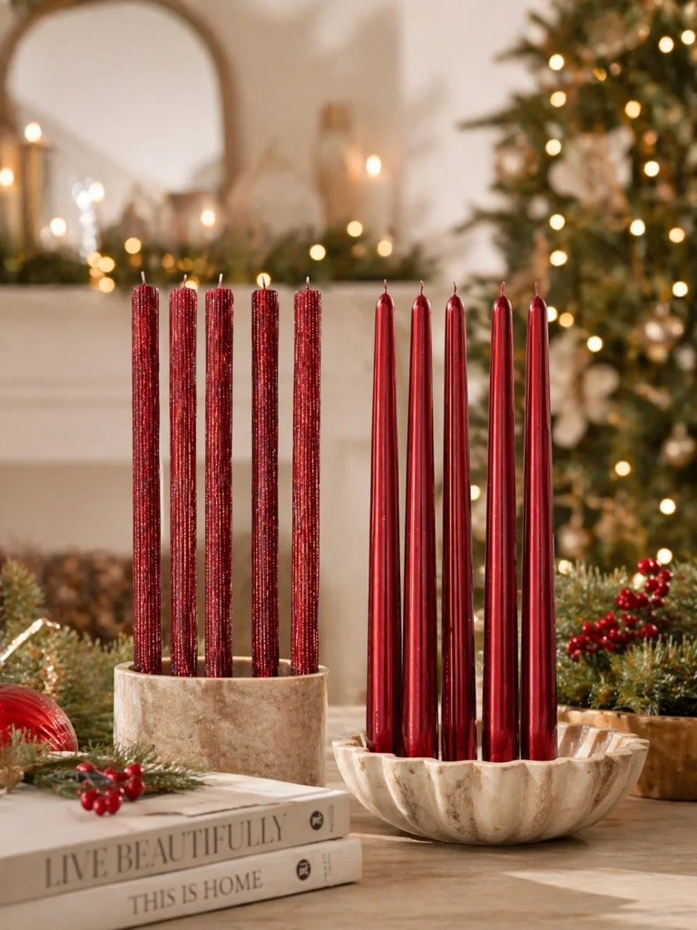 Red Glitter Taper Candle Set Metallic Rare Vintage Holiday Decoration Lot Bundle